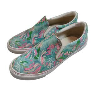 Lilly Pulitzer Women's Sz 9 Julie Blue Ibiza Comfort Sneaker Slip On Pink